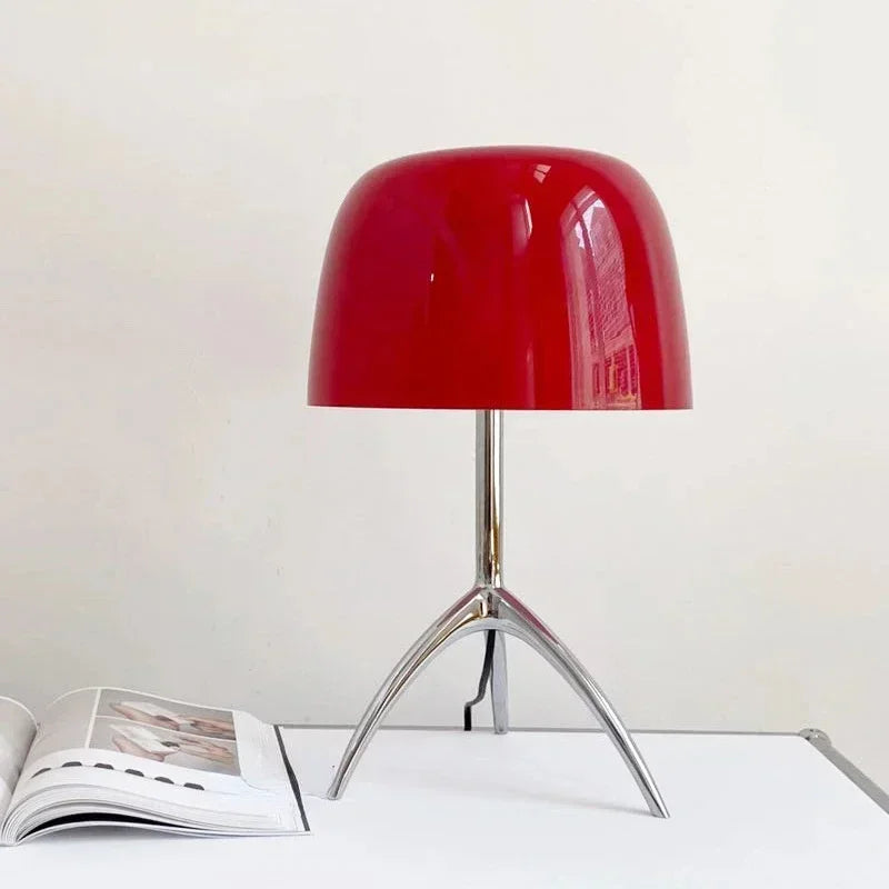 lampe table moderne blanc orange rouge pied métal base cuivrée led chambre salon