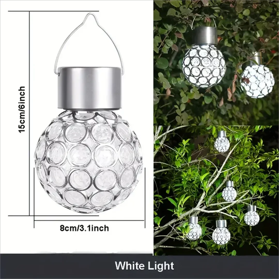 lumière solaire boule transparente motifs colorés moderne décoration extérieure jardin suspension anneaux métalliques