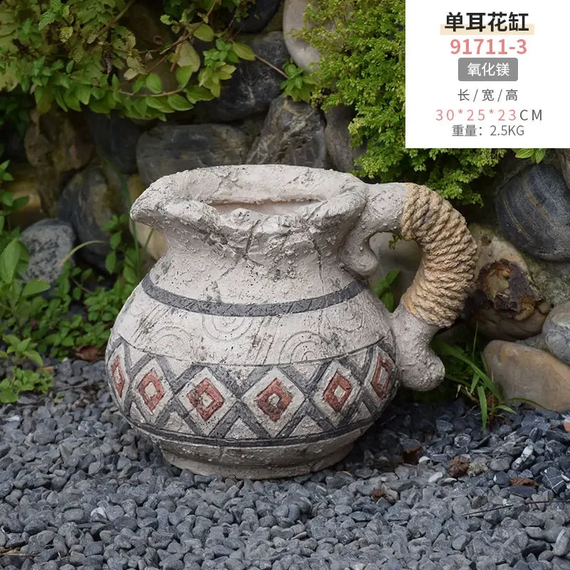 pots fleurs vintage gris motifs géométriques rustiques plantes artificielles cour jardin decoration