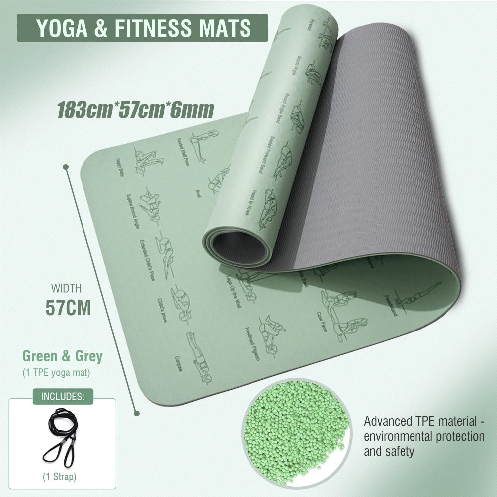 tapis yoga rose gris illustrations postures 6mm moderne opacité cordelette 183x57cm