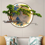 lampe murale décorative paysagère artisanale vert bleu beige doré montagnes arbres eau nuages