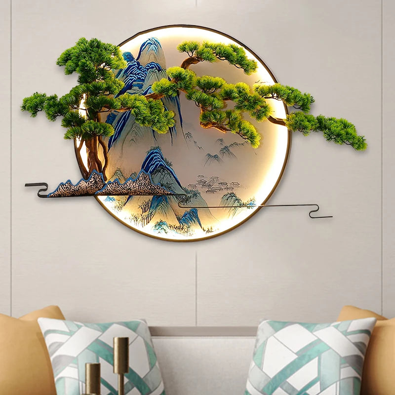 lampe murale décorative paysagère artisanale vert bleu beige doré montagnes arbres eau nuages