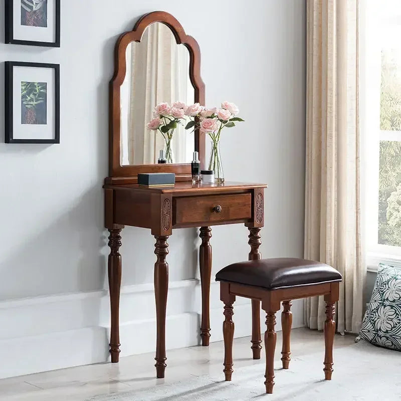 maquillage classique miroir intégré tabouret cuir bois chêne marronclair multifonctionnel chambre