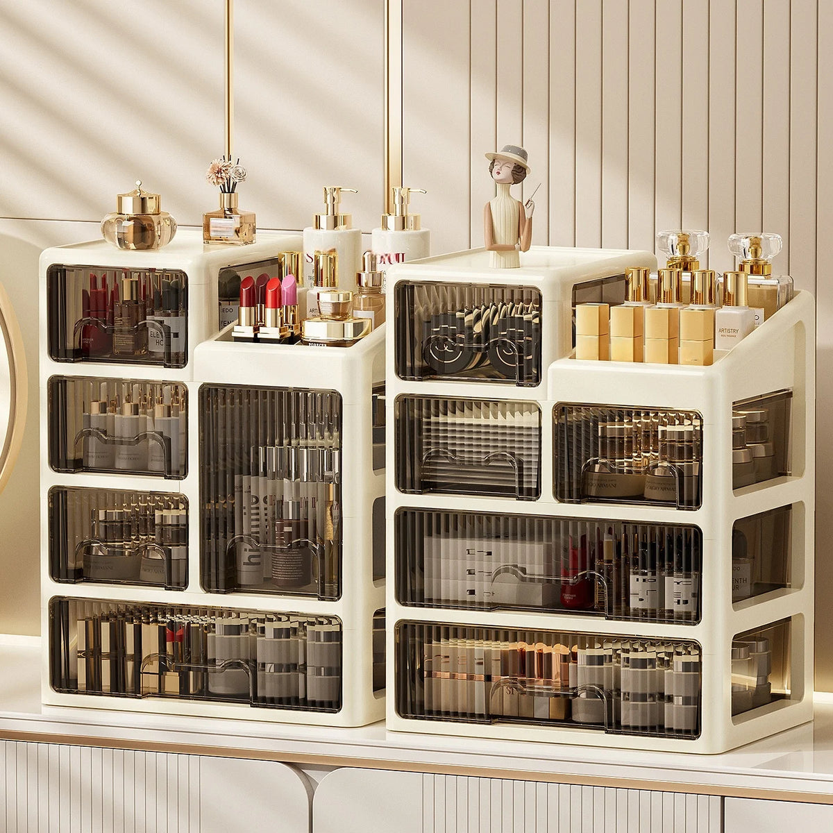 boîte rangement cosmétiques tiroirs compartiments moderne beige clair pliables PP haute qualité étagères bijoux