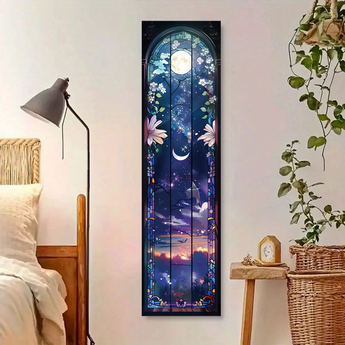 tapisserie murale décoration chambre rectangle floral paysage nocturne soleil étoiles bleu nuit violet rose