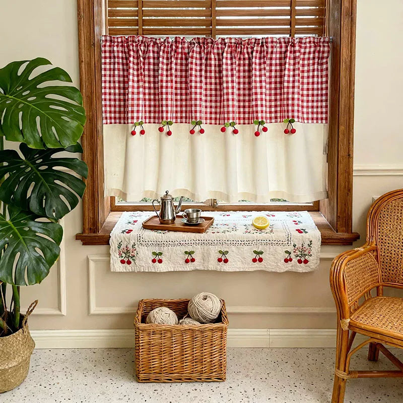 rideau carreaux rouge blanc vintage opacité cerises relief maison polyester