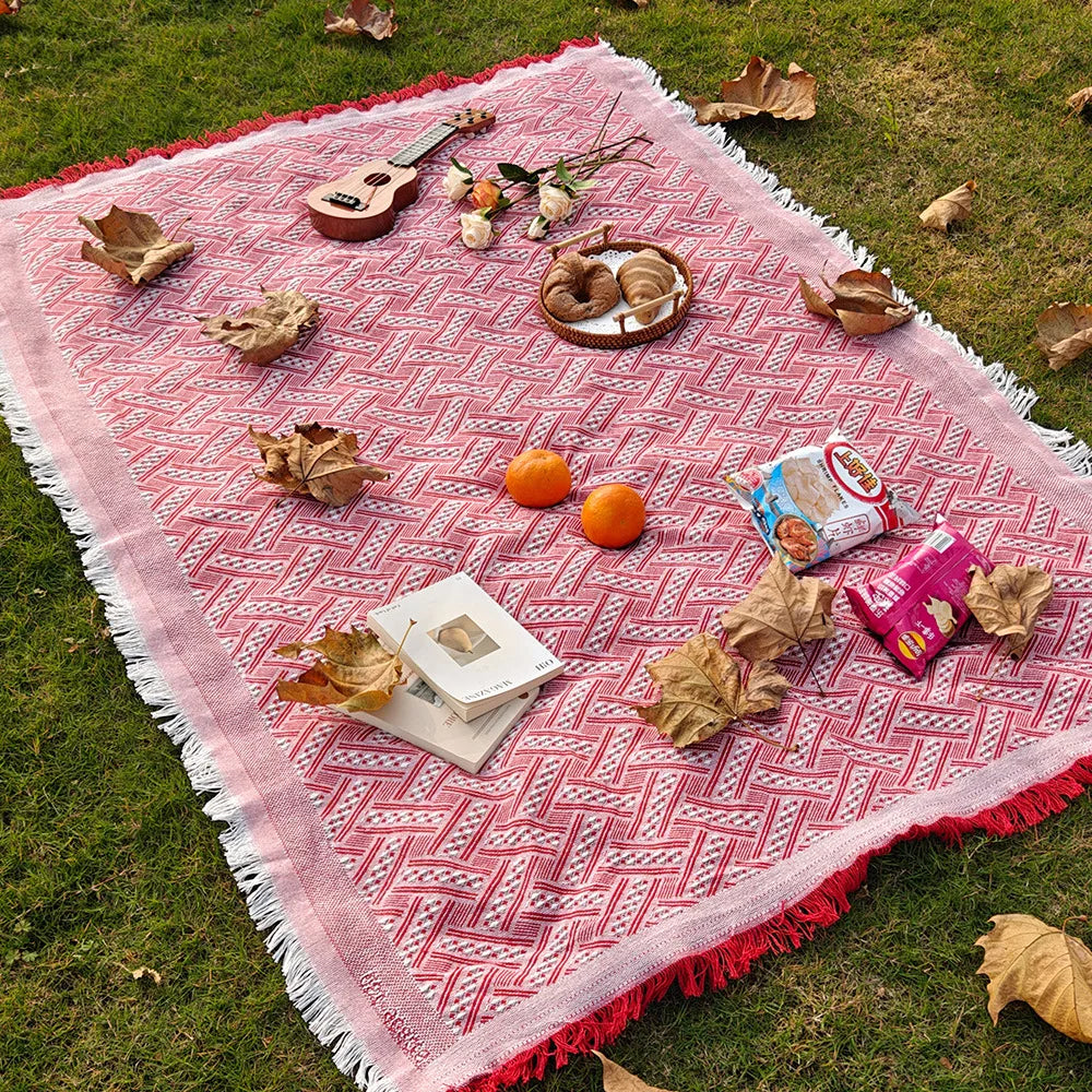tapis plage rose blanc boho chic rayures diagonales franges pique nique extérieur portable