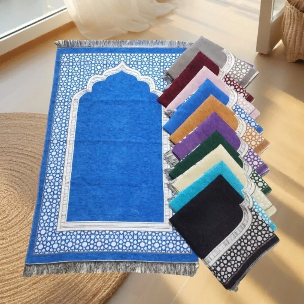 tapis prière islamique géométrique polyester bleu vert gris violet moderne