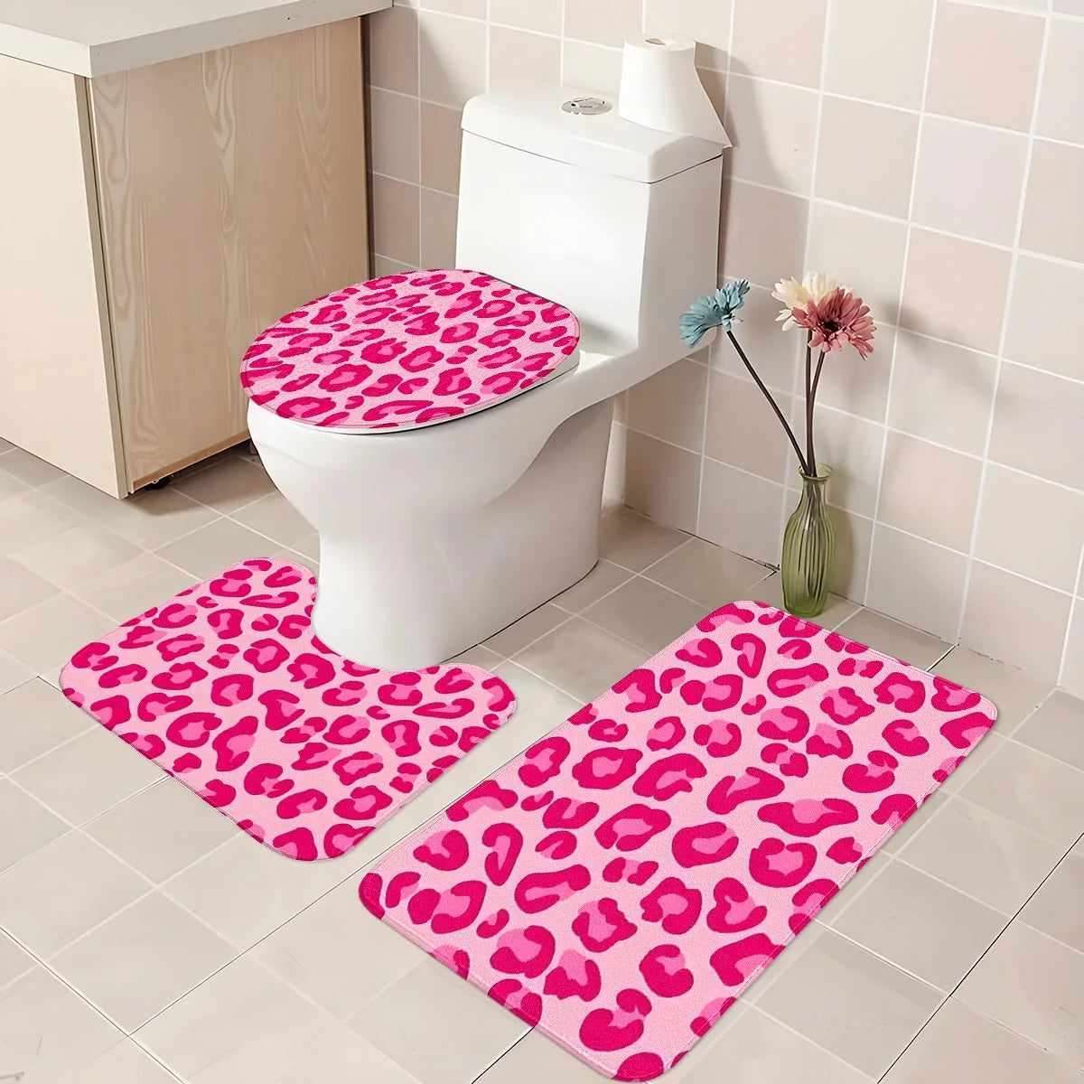 tapis bain imprimé léopard rose moderne ensemble trois pièces absorbant eau antidérapant