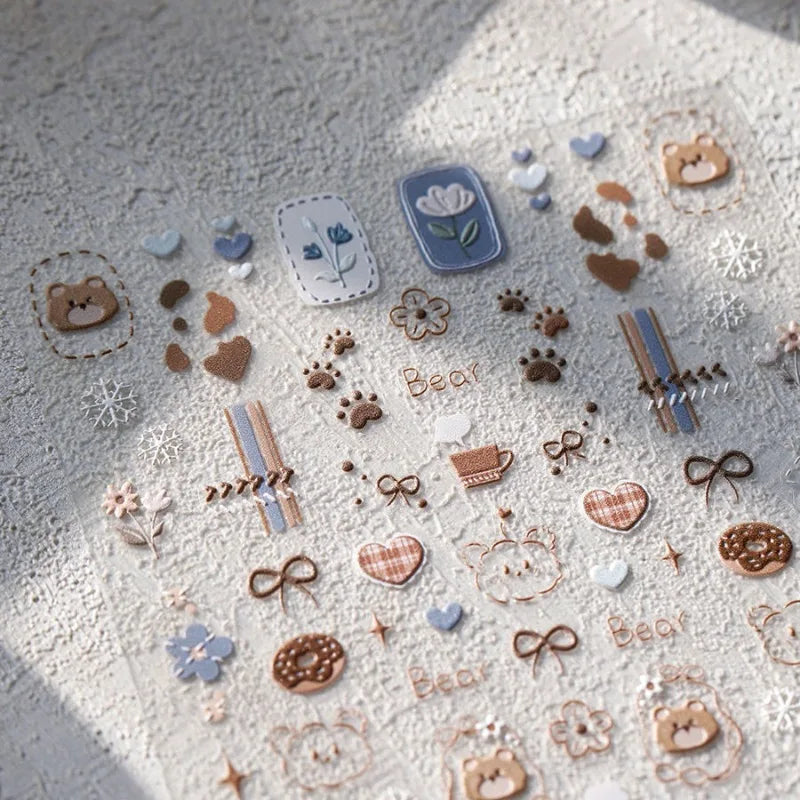 autocollants kawaii ours coeurs flocons motifs floraux mignon manucure décoration diy opaques