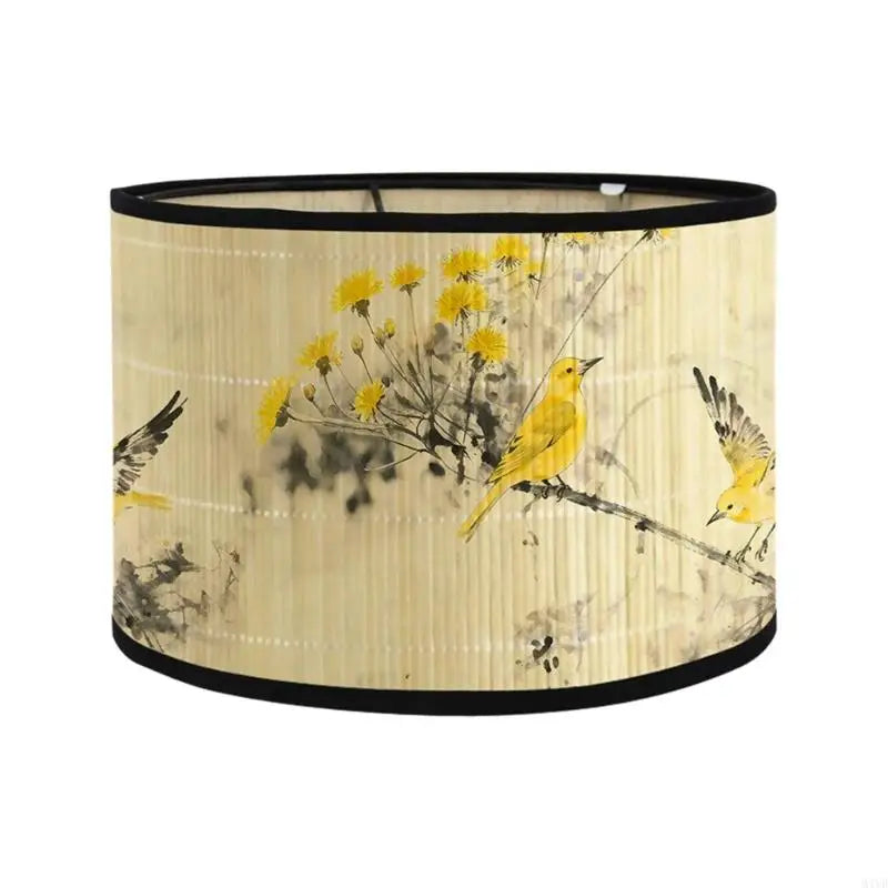 abat jour artisanal oiseaux fleurs branches beige noir jaune rose vert boucle métallique