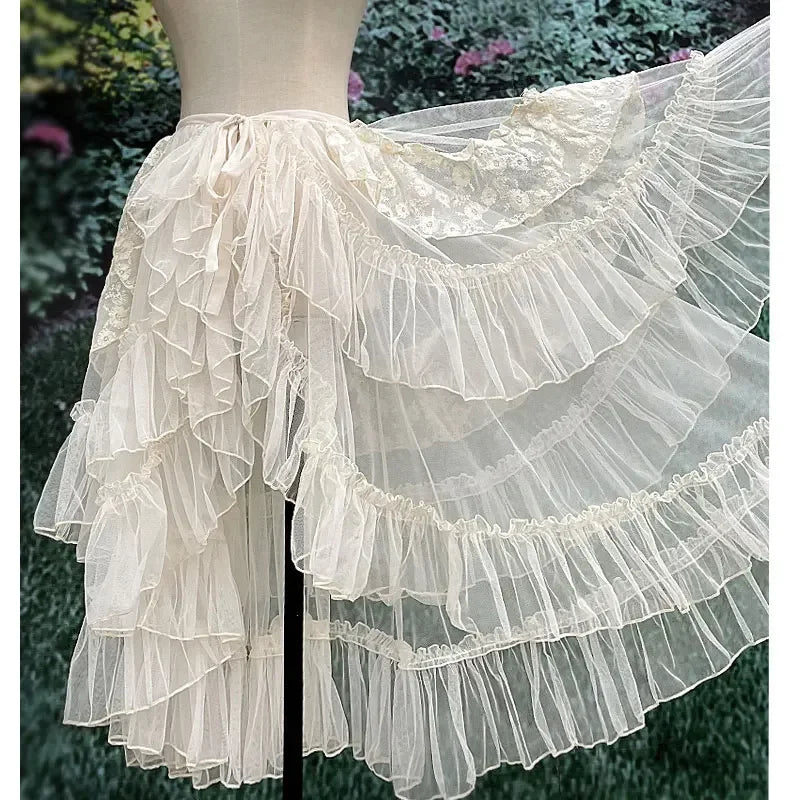 jupe femme lolita blanche dentelle volants superposés vintage romantique ceinture nouer taille ajustable