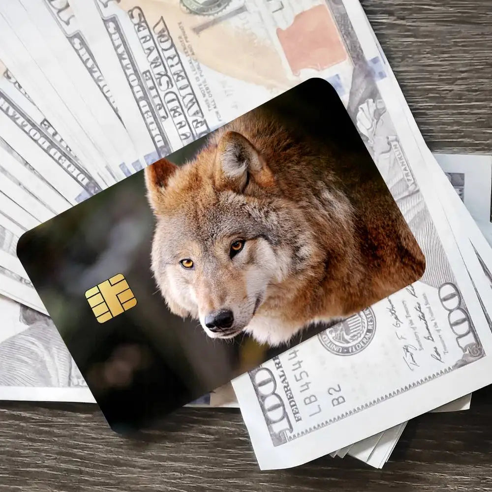 cartes bancaires personnalisées adhésives loup animal moderne graphique noir gris bleu rouge
