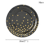 assiettes noires points dorés cuillères fourchettes couteaux gobelets serviettes tablecloth festif jetables moderne