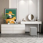 coiffeuse moderne minimaliste bois massif rangement tiroirs miroir tabouret gris clair plateau motif geometrique