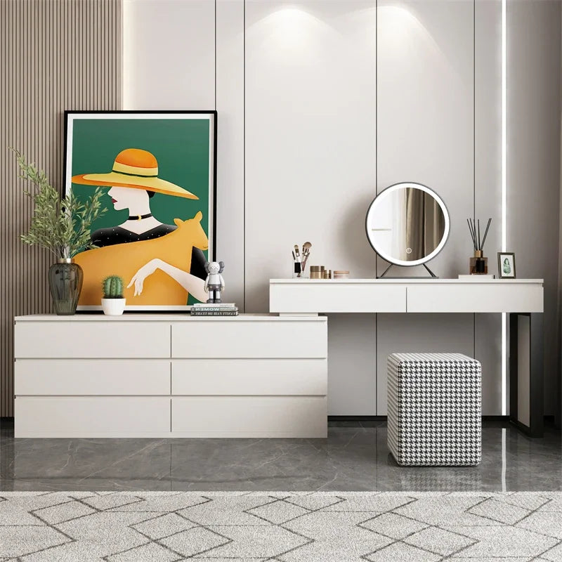 coiffeuse moderne minimaliste bois massif rangement tiroirs miroir tabouret gris clair plateau motif geometrique