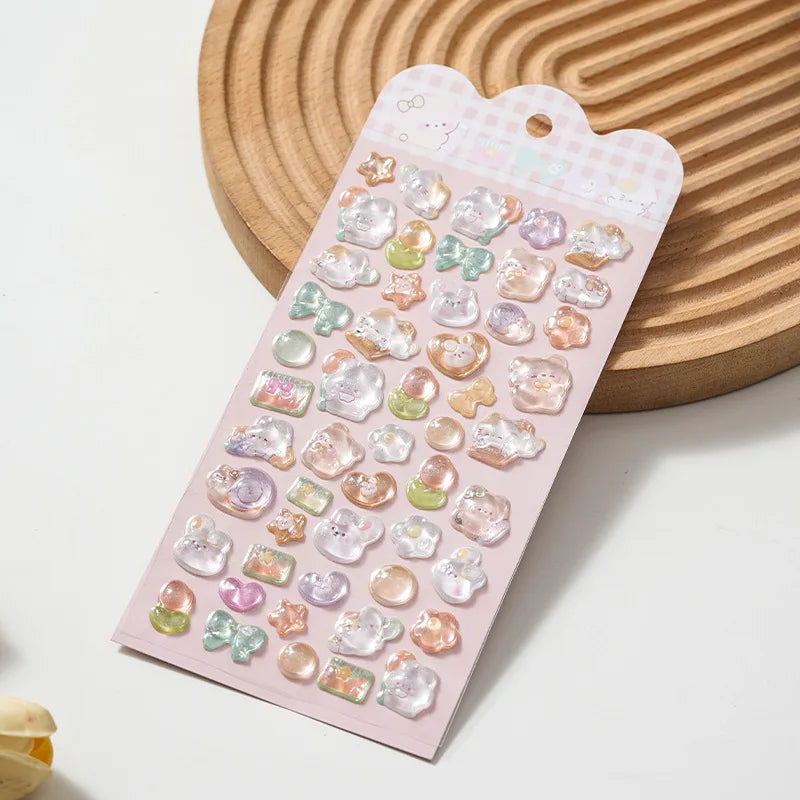 sticker adhésif kawaii animaux coeurs étoiles pastel multicolore transparent reflets