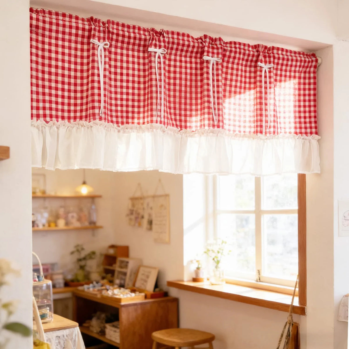 rideau vintage carreaux rouge blanc bordure blanche volants nœud papillon polyester rustic cuisine