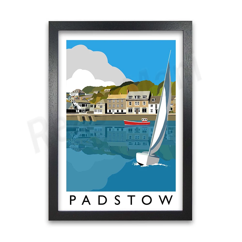 Une illustration colorée et stylisée du port de Padstow, avec des maisons traditionnelles, un bateau à voile et des montagnes en arrière-plan.