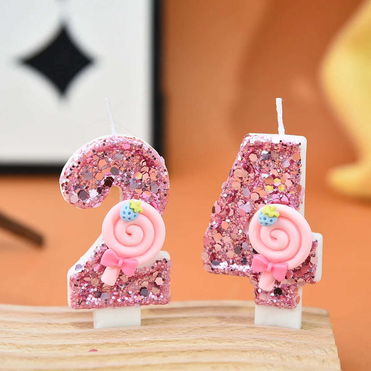 bougies numériques sucettes roses paillettes décoratives enfantine anniversaire fête tringle fixée chiffres bonbons rubans