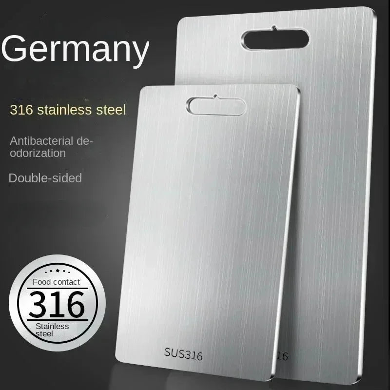 planche découper acier inoxydable rectangle lisse poignée moderne grande cuisine préparation alimentaire