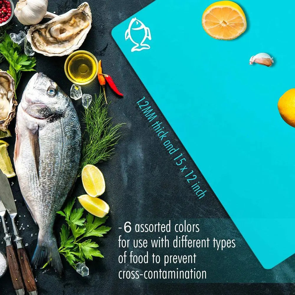 planche découper moderne fruits poissons couleurs vert orange jaune violet bleu rouge