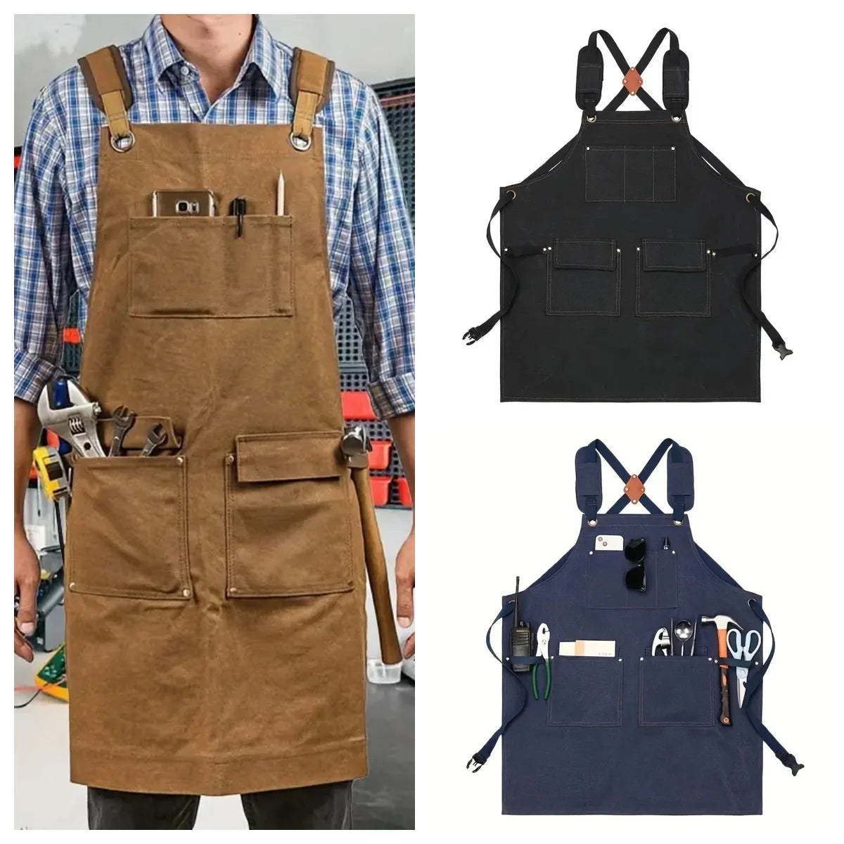 tablier travail toile marron clair poches outils ceinture réglable imperméable durable