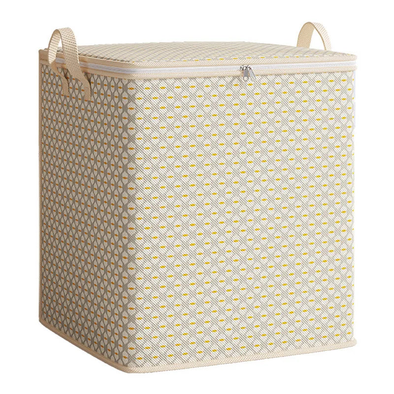 boîte rangement moderne 110l 150l 220l 30l carreaux beige motifs jaunes poignées métalliques coussin