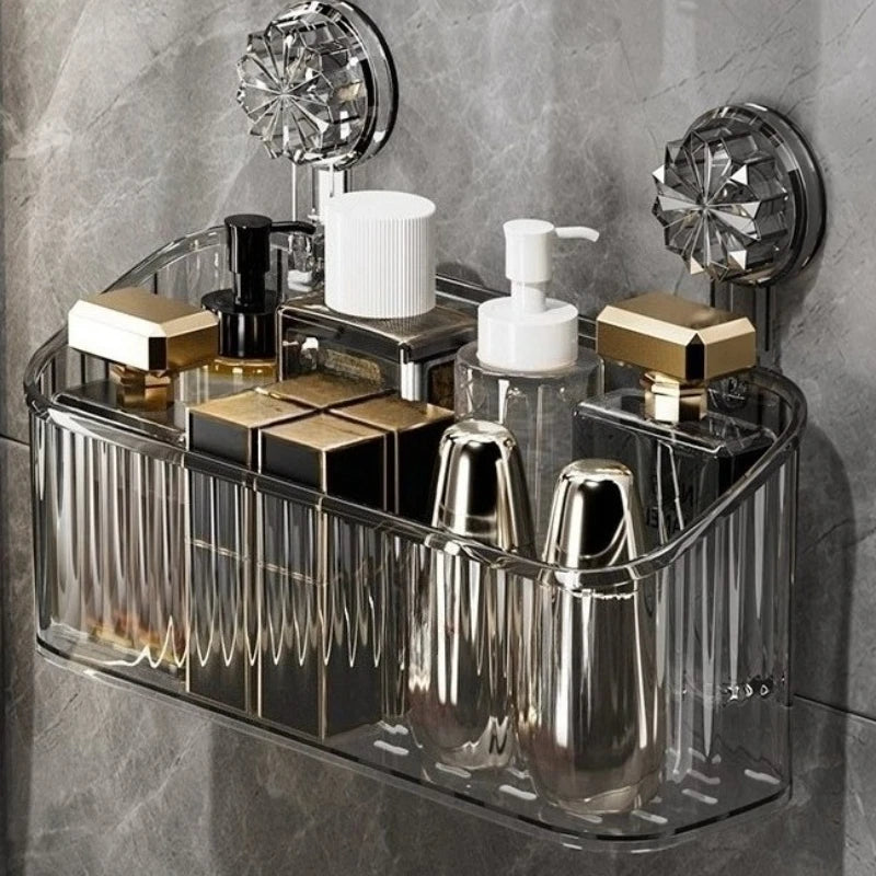 panier rangement mural transparent rayures moderne fixation suction cosmétiques flacons toilette