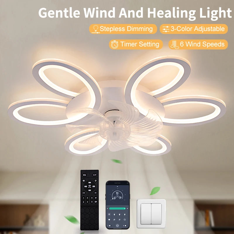 ventilateur led lampe moderne floral blanc six vitesses télécommande application
