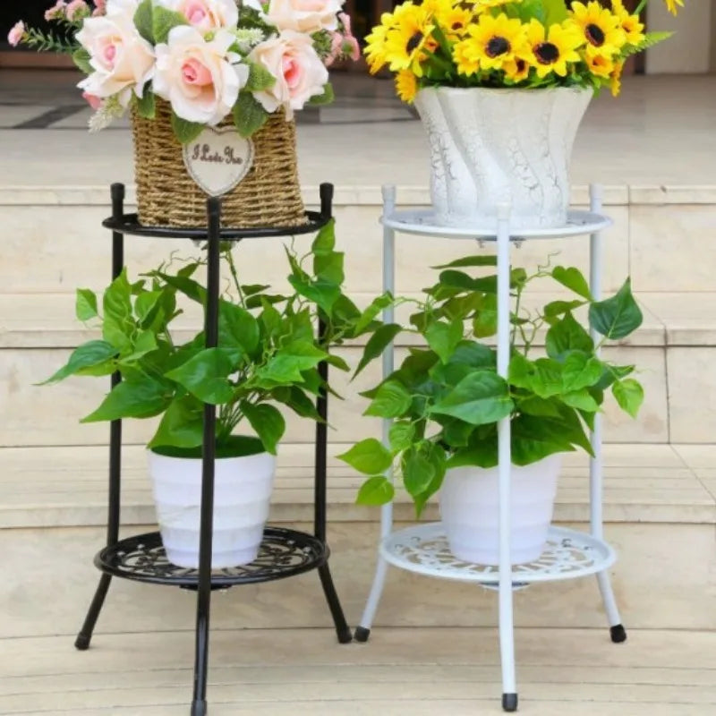 support fleurs étagère métal noir blanc ajouré circulaire plante verte pot terre cuite industriel