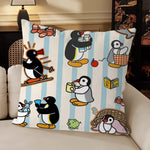 housse coussin carré beige motif pingouin cartoon décoratif salon chambre enfant tissu coton