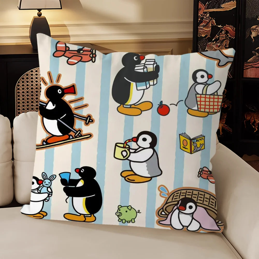 housse coussin carré beige motif pingouin cartoon décoratif salon chambre enfant tissu coton