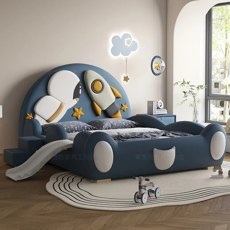 lit enfant bleu marine motif astronaute fusée étoiles bois moderne chambre enfant scandinave
