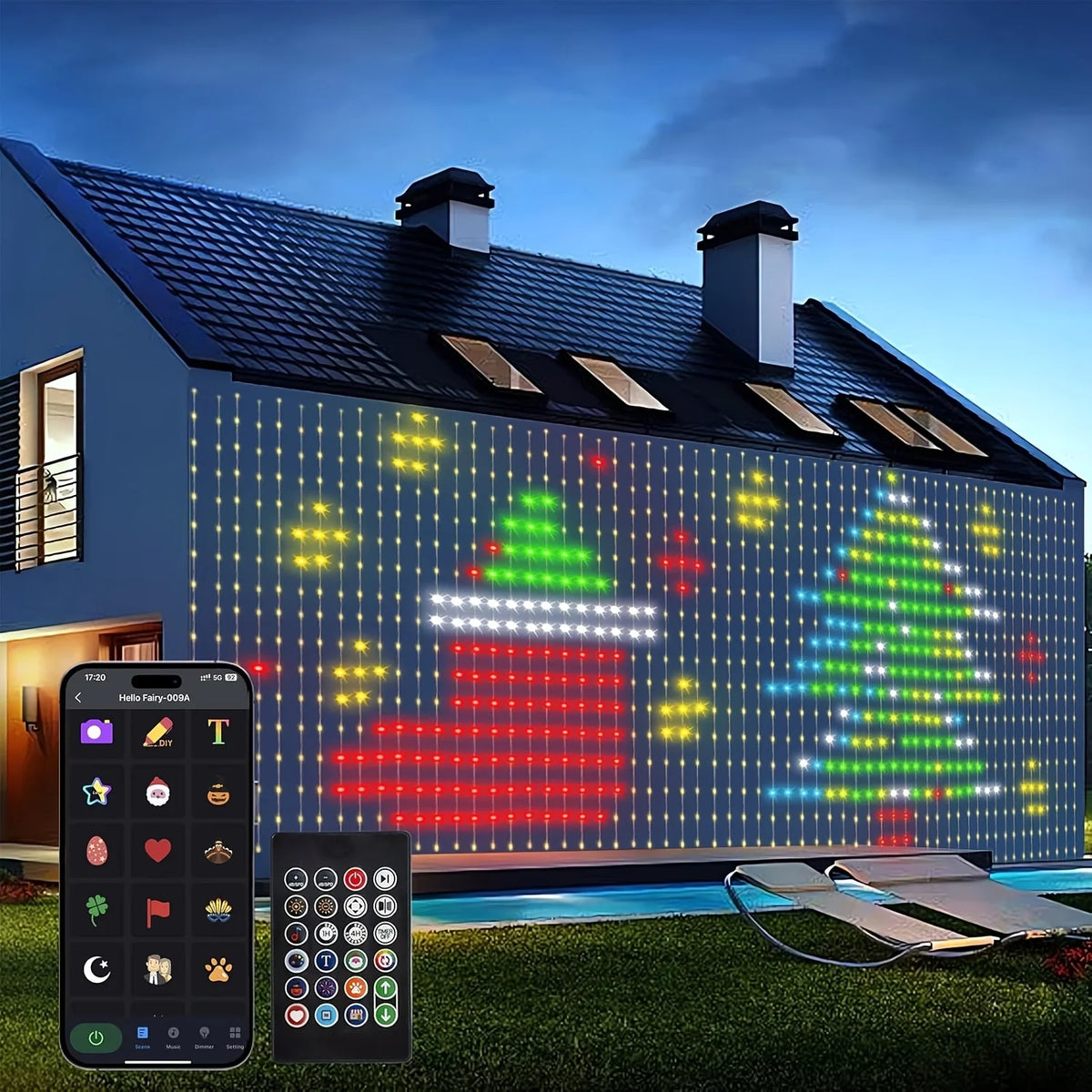 rideau lumineux led multicolore motifs decoratifs moderne arbre noel chateau télécommande