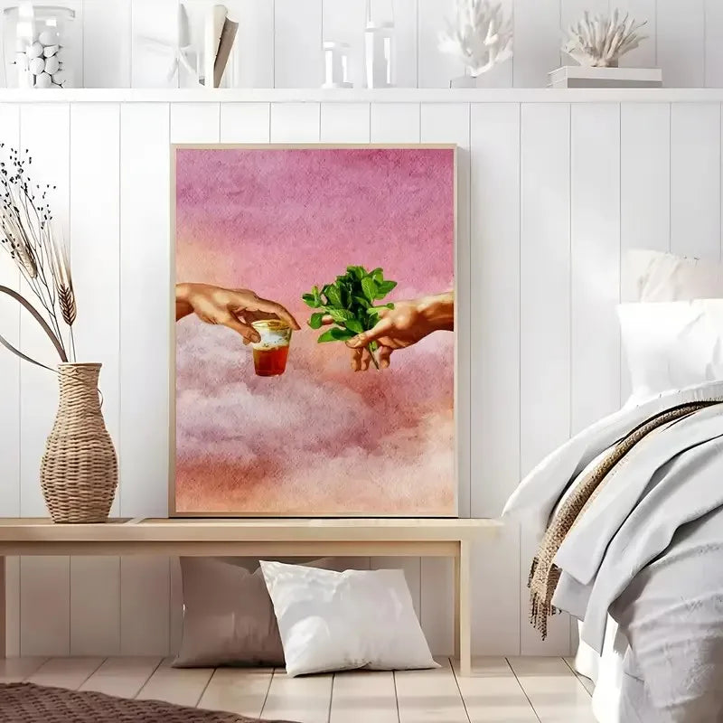 toile abstraite nuages moderne rose beige cadre bois décoration intérieure impression haute qualité digital