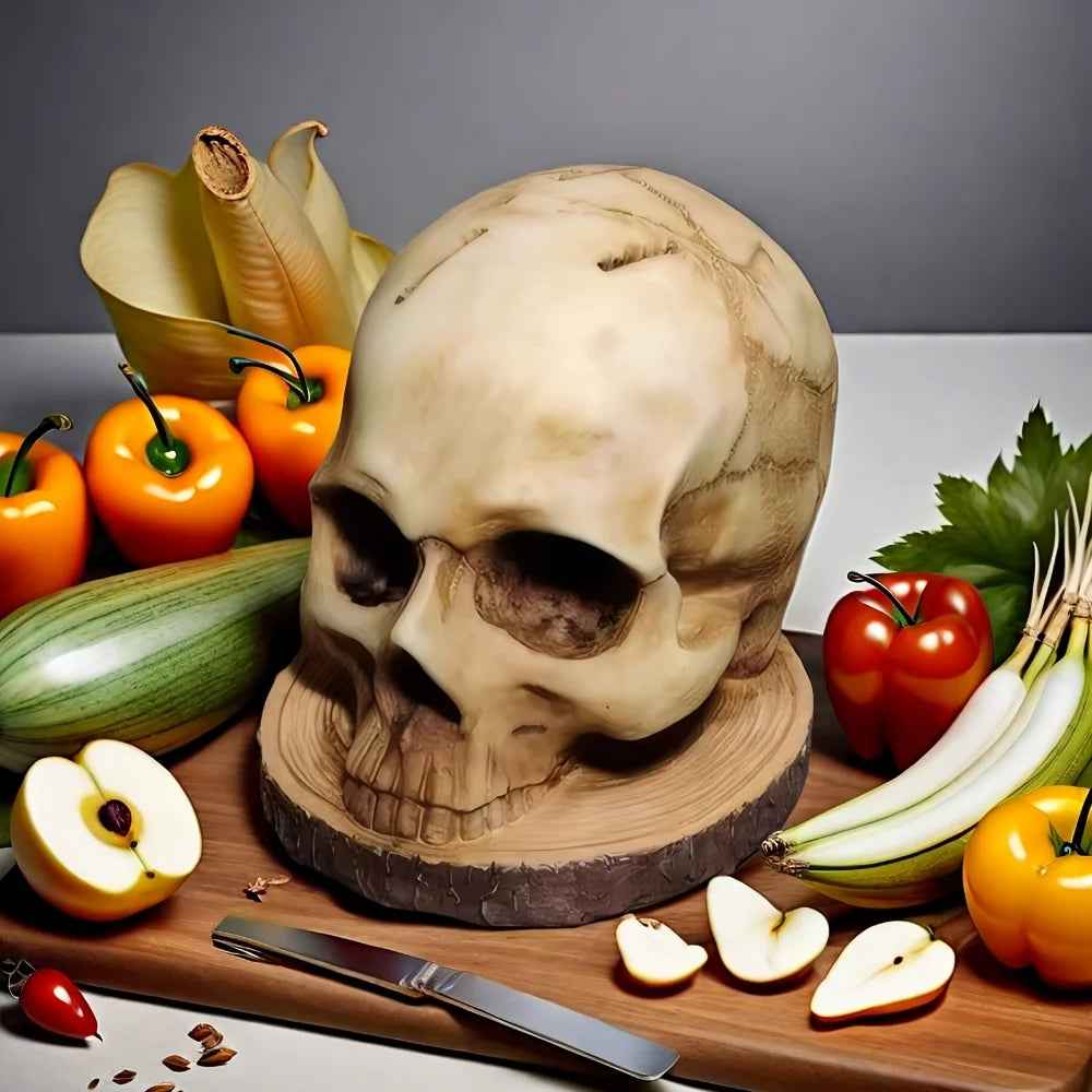 porte couteaux crâne sculpté bois couteaux assiettes fruits légumes halloween