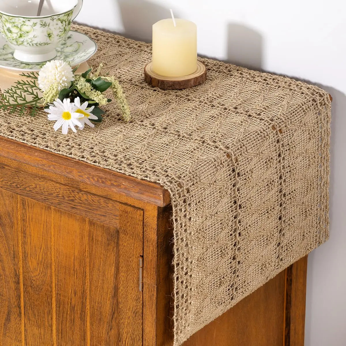 nappe lin rustique vintage beige ajourée table basse décoration intérieure maison serviettes