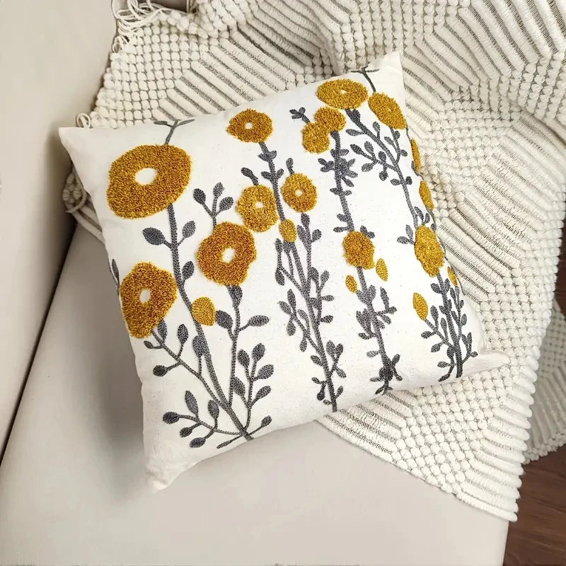 housse coussin carré motif floral moderne jaune gris coton blanc élégante