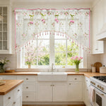 rideau floral transparent rose cerises franges perlées champêtre tringle intérieure maison