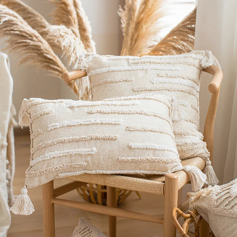coussin boho chic brodé franges polyester beige décoratif rectangle 45x45cm