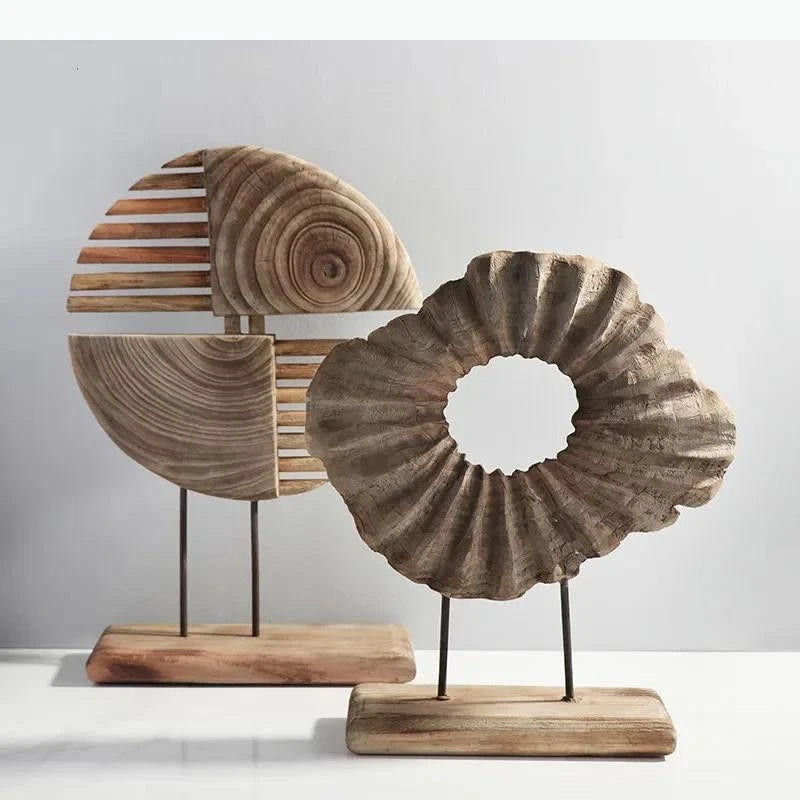 sculptures bois modernes naturel brun gris spirale franges coquillage cheval pomme bol rouleaux