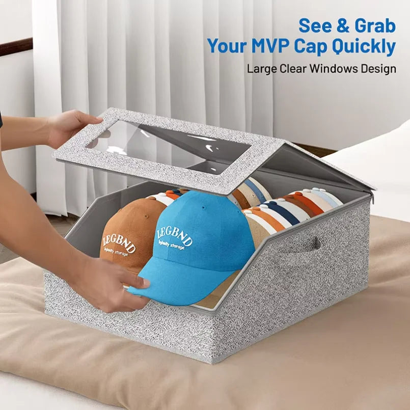 boîte rangement chapeaux gris bleu orange moderne texturée fenêtre transparente poignées rechargeable