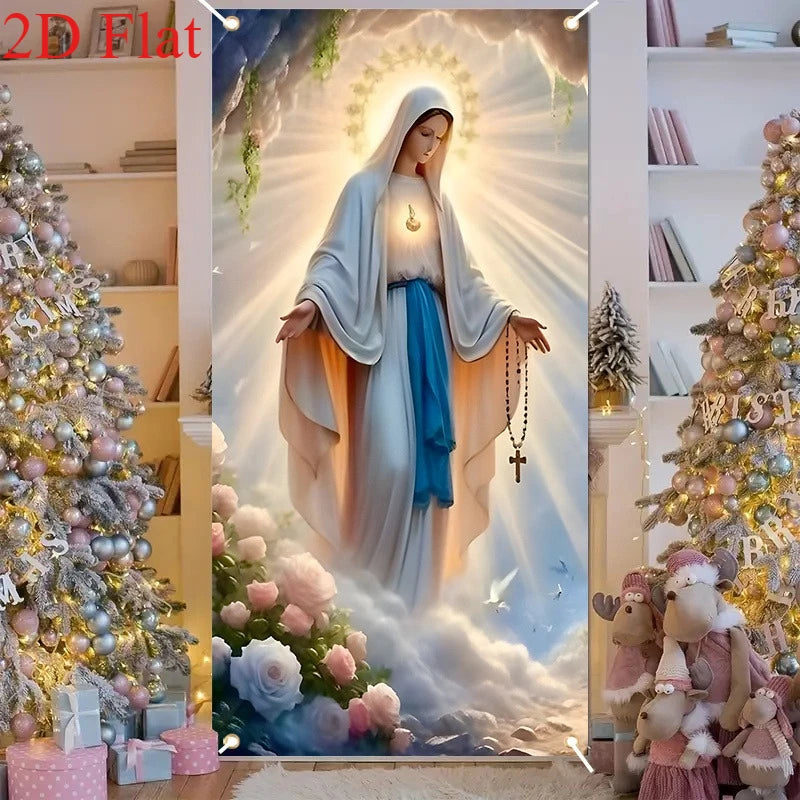 rideau mural religieux femme collier bleu blanc doré occasion noël mariage anniversaire classique