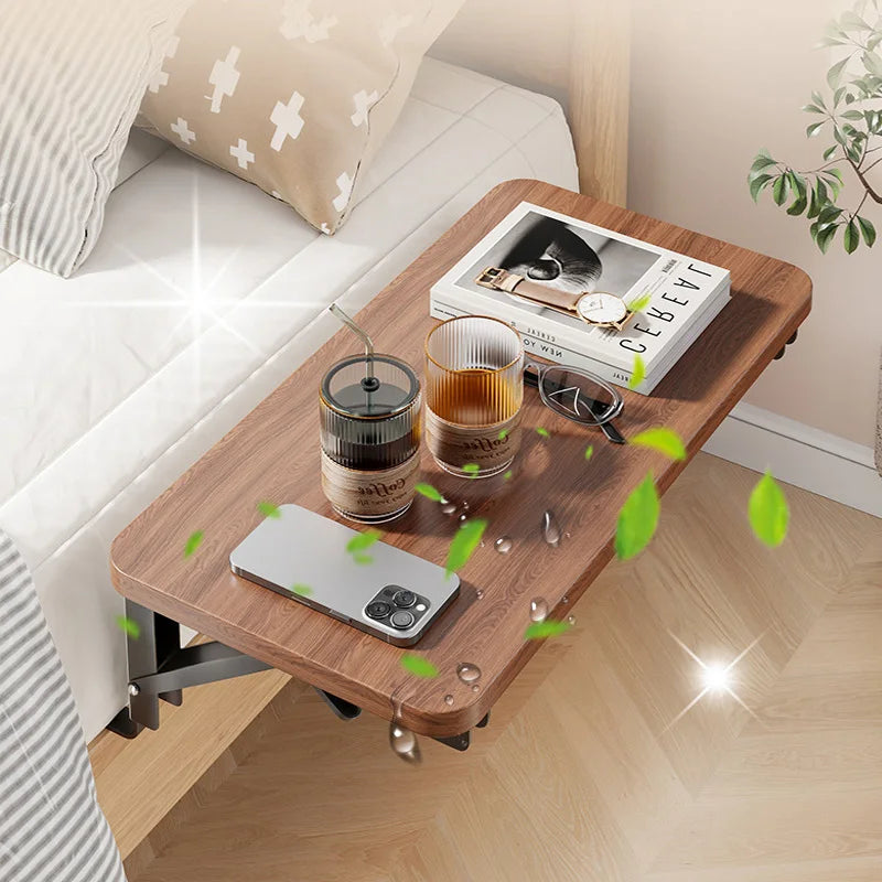 table pliable moderne métal texture bois tasse livre lunettes smartphone organisateur chambre