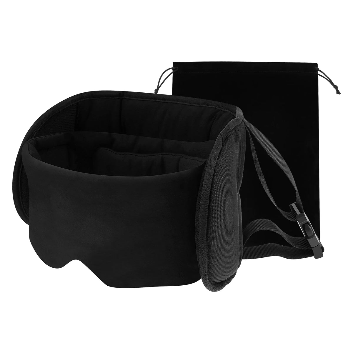 oreiller voyage masque yeux coton noir velours sangles réglables sac rangement confort cou
