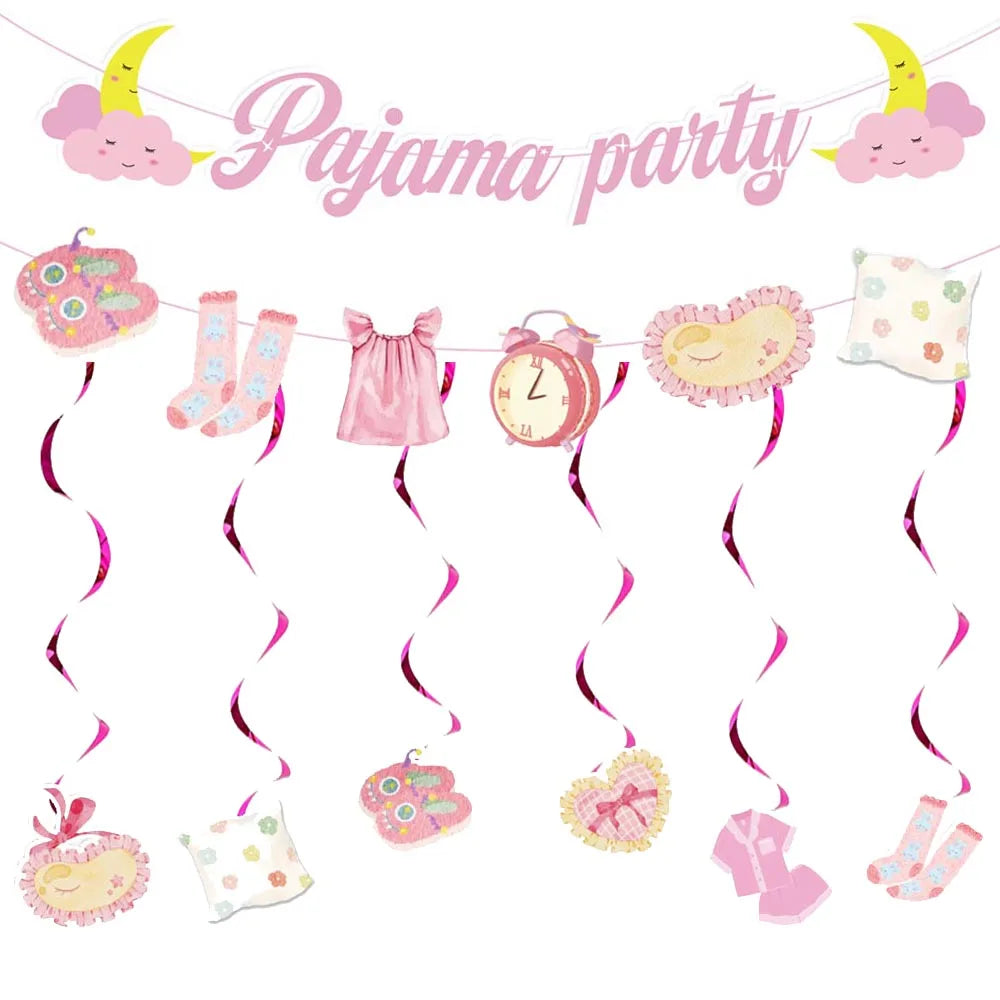 décoration fête thème pyjama suspendus toppers gâteau assiettes tasses serviettes nappe table