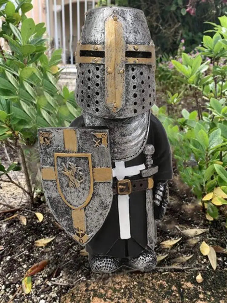 statuette armure médiévale nain épée bouclier décoration jardin extérieure gris doré rétro medieval résine