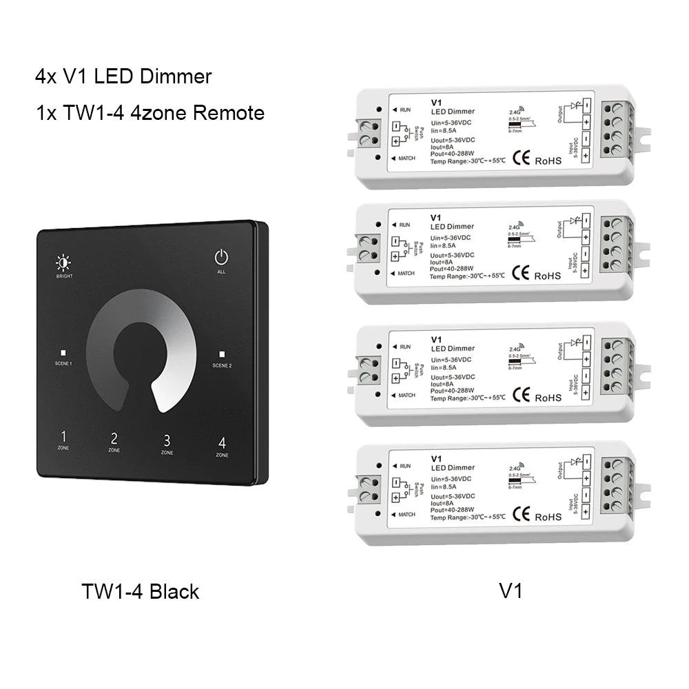 contrôleur led sans fil zones gradateur tactile noir blanc modernes 24v 36v