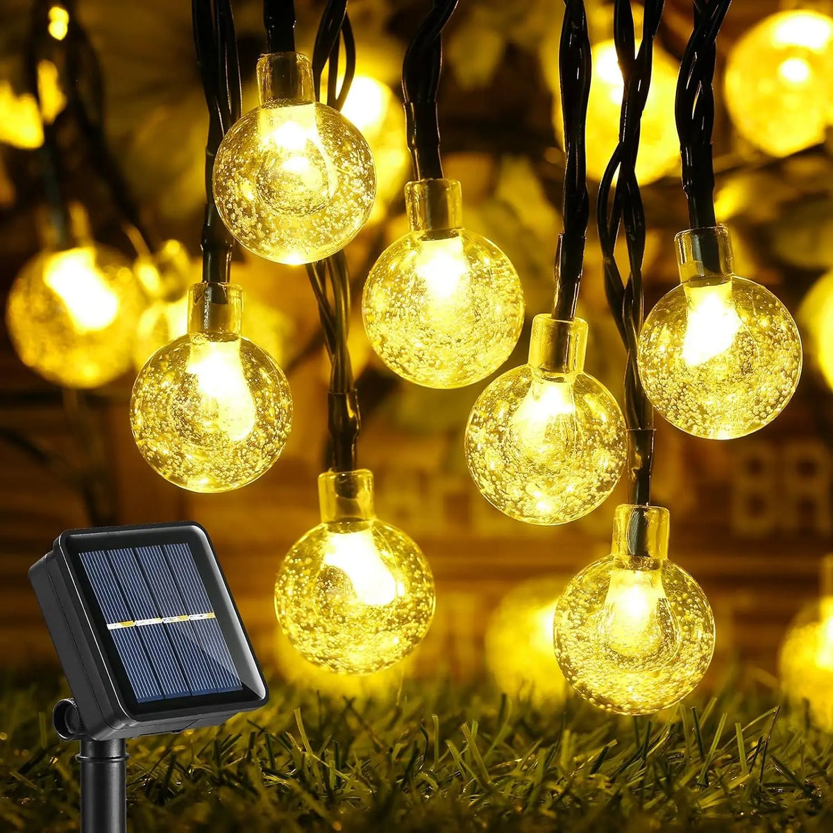 guirlande lumineuse solaire 10m 8modes leds blanc chaud boules translucides moderne clips patio extérieur